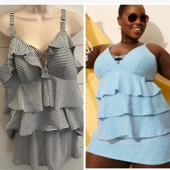 CACIQUE SWIM 18 blue striped ruffle top and bottom woman Tankini coastal - Picture 1 of 12